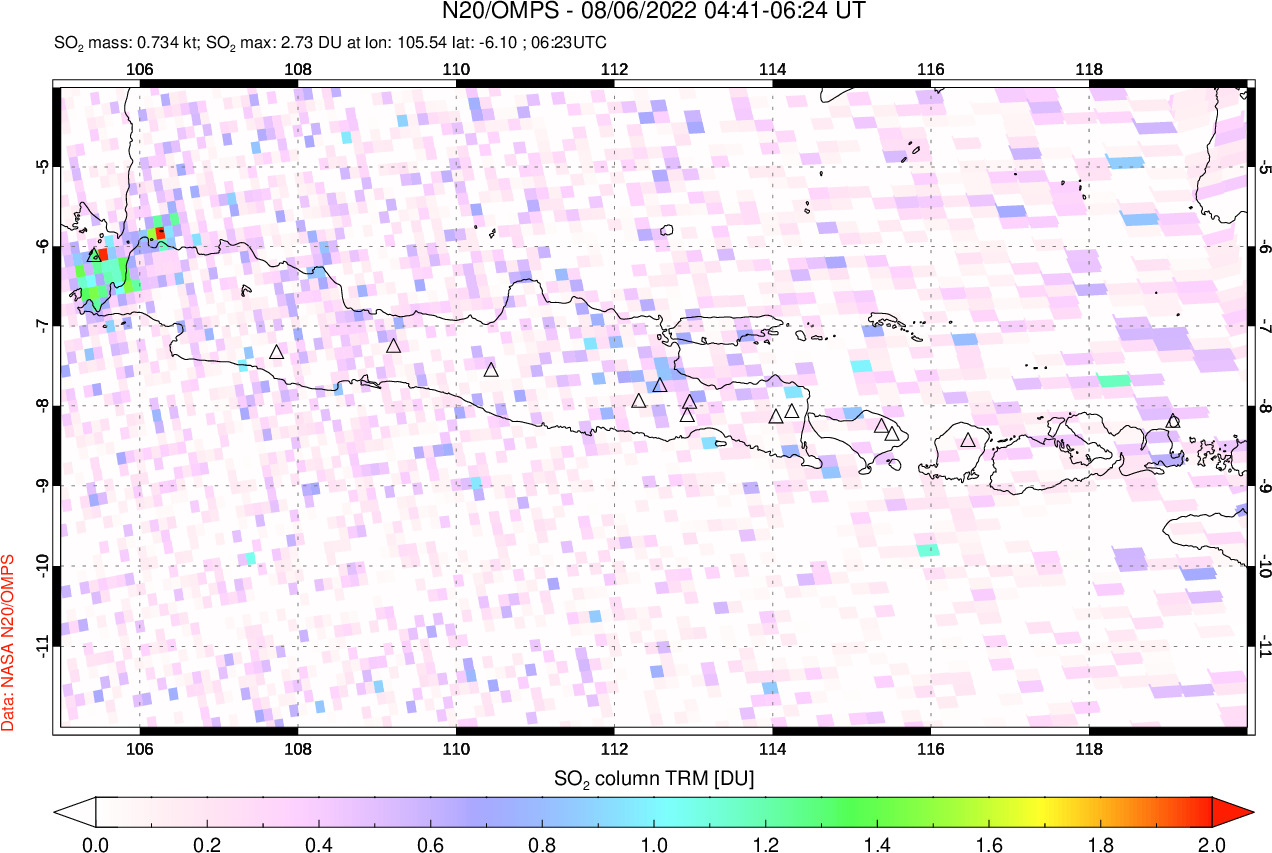 A sulfur dioxide image over Java, Indonesia on Aug 06, 2022.