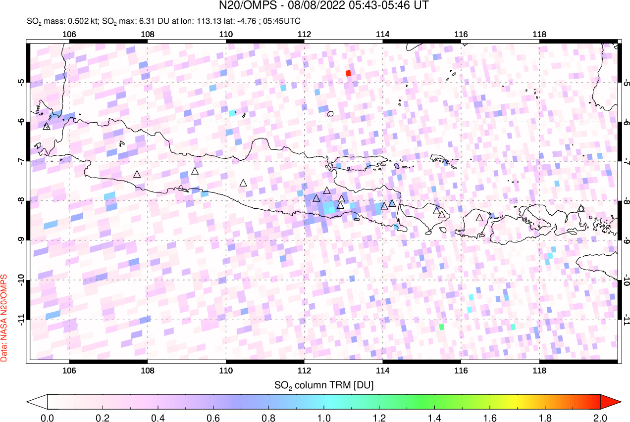 A sulfur dioxide image over Java, Indonesia on Aug 08, 2022.
