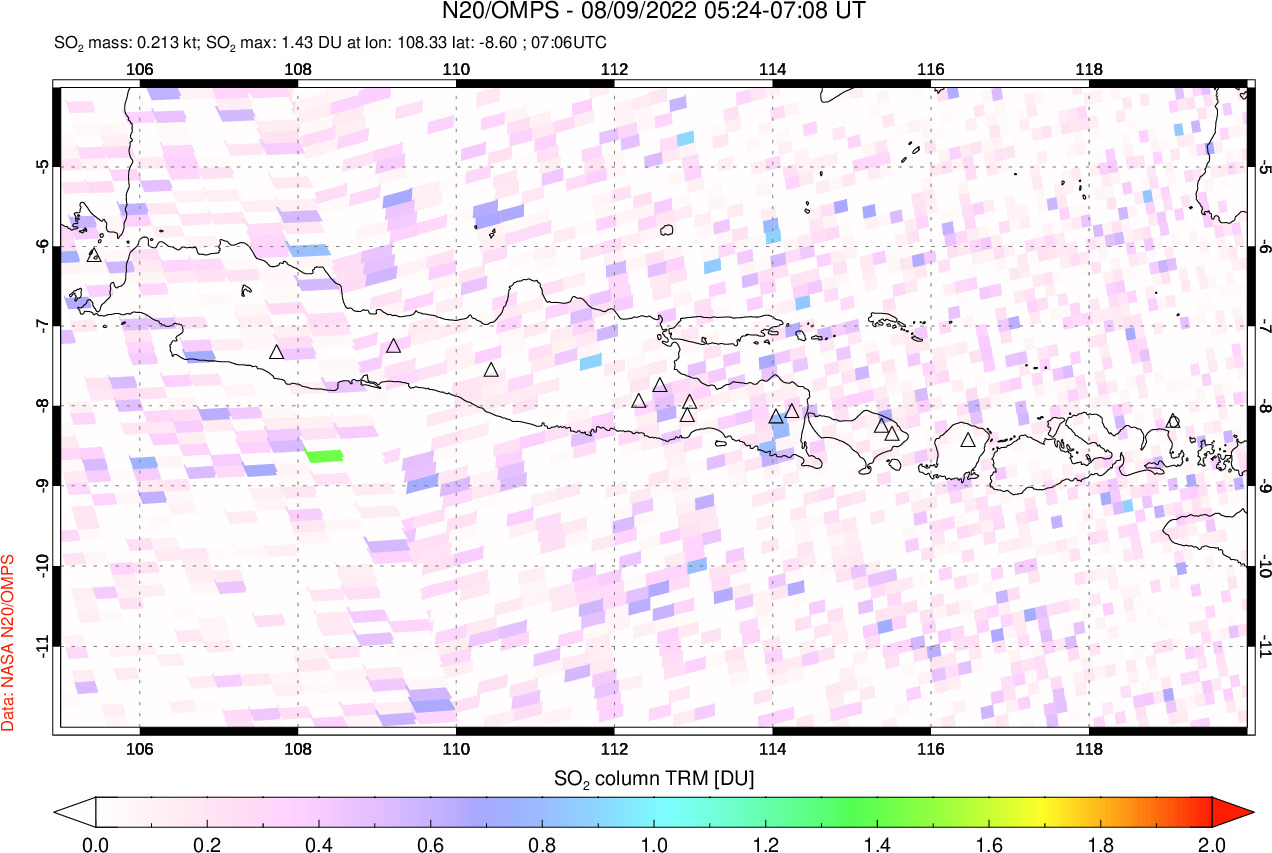 A sulfur dioxide image over Java, Indonesia on Aug 09, 2022.