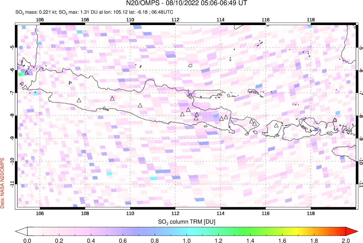 A sulfur dioxide image over Java, Indonesia on Aug 10, 2022.