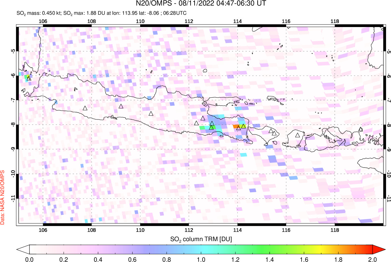 A sulfur dioxide image over Java, Indonesia on Aug 11, 2022.