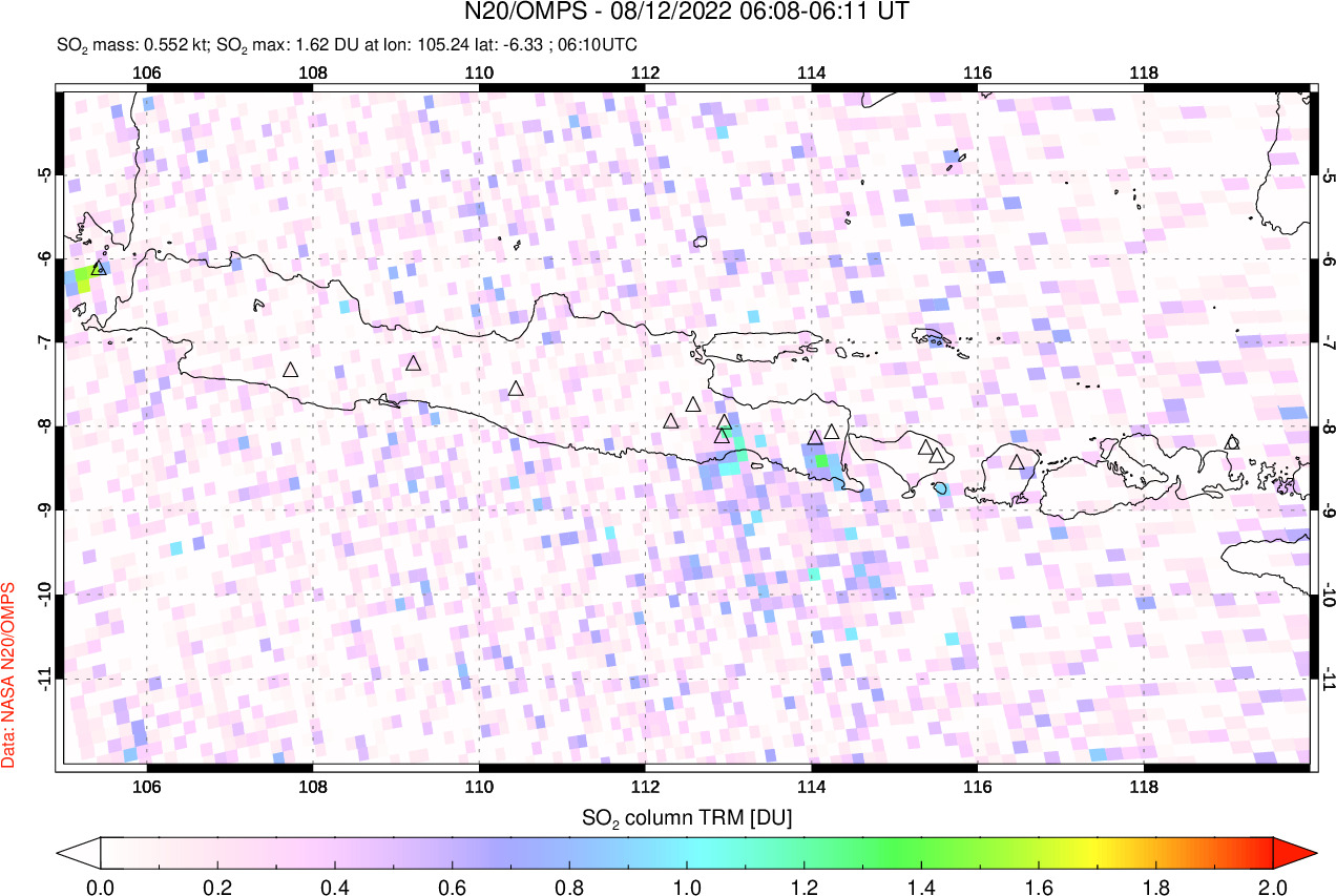 A sulfur dioxide image over Java, Indonesia on Aug 12, 2022.