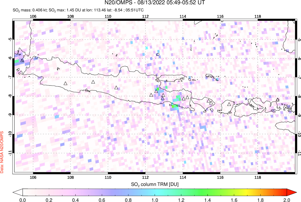 A sulfur dioxide image over Java, Indonesia on Aug 13, 2022.