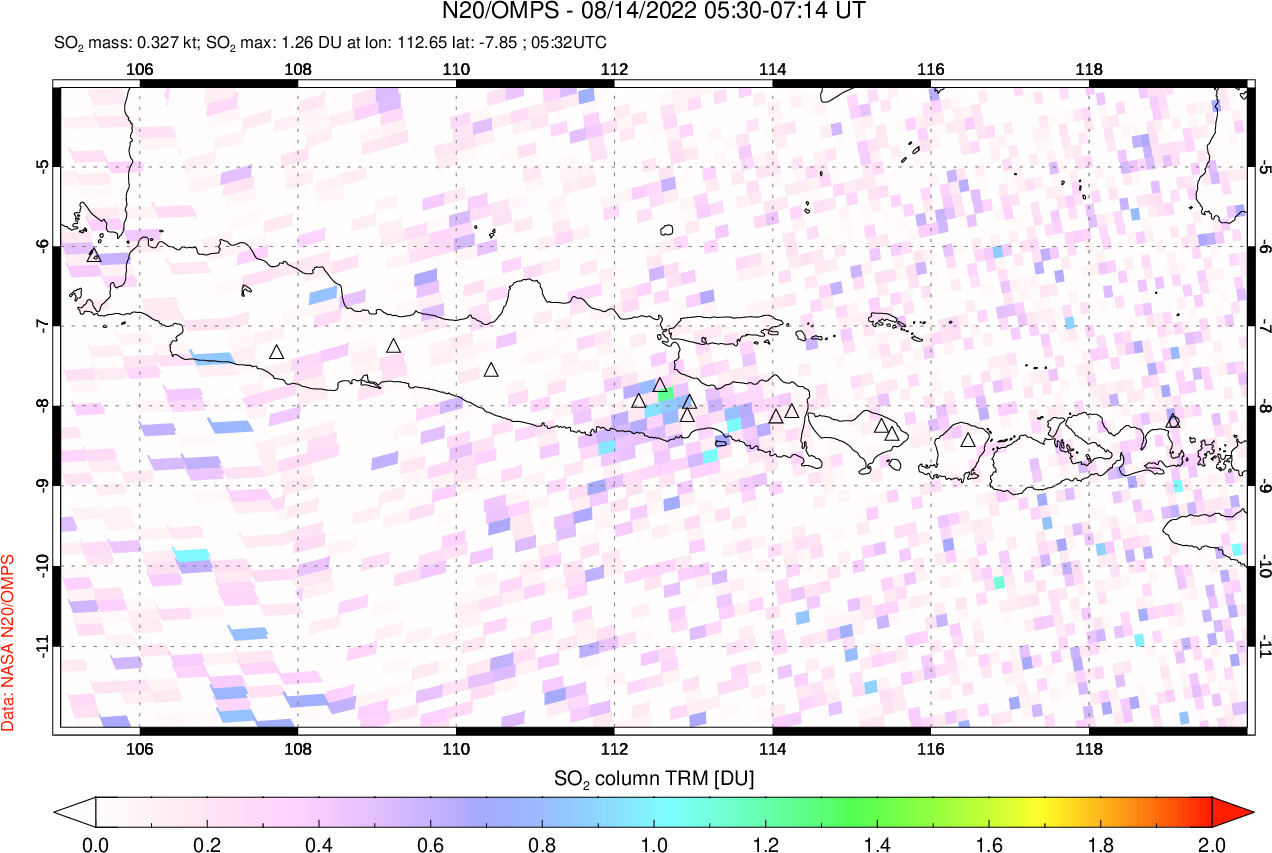 A sulfur dioxide image over Java, Indonesia on Aug 14, 2022.