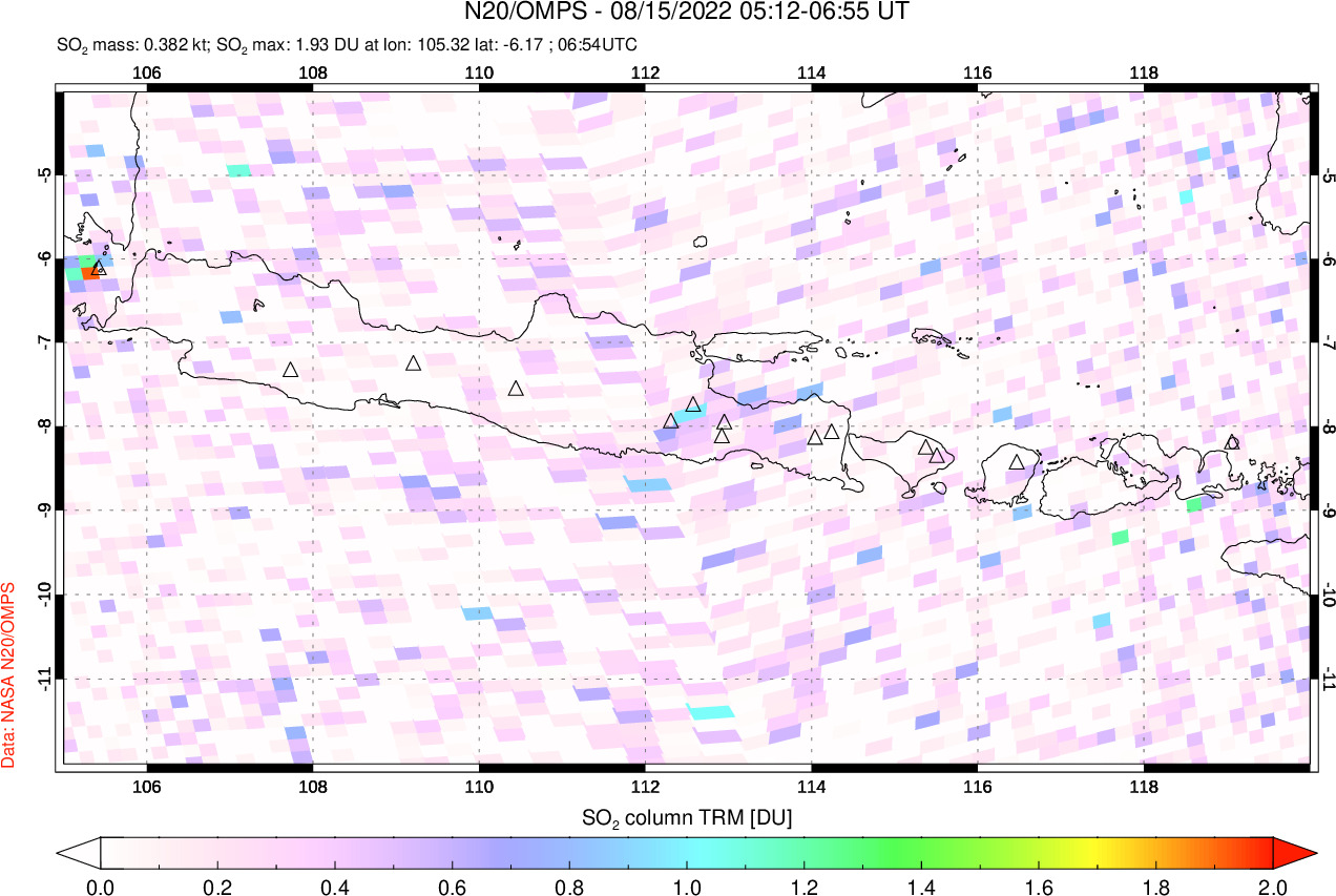 A sulfur dioxide image over Java, Indonesia on Aug 15, 2022.