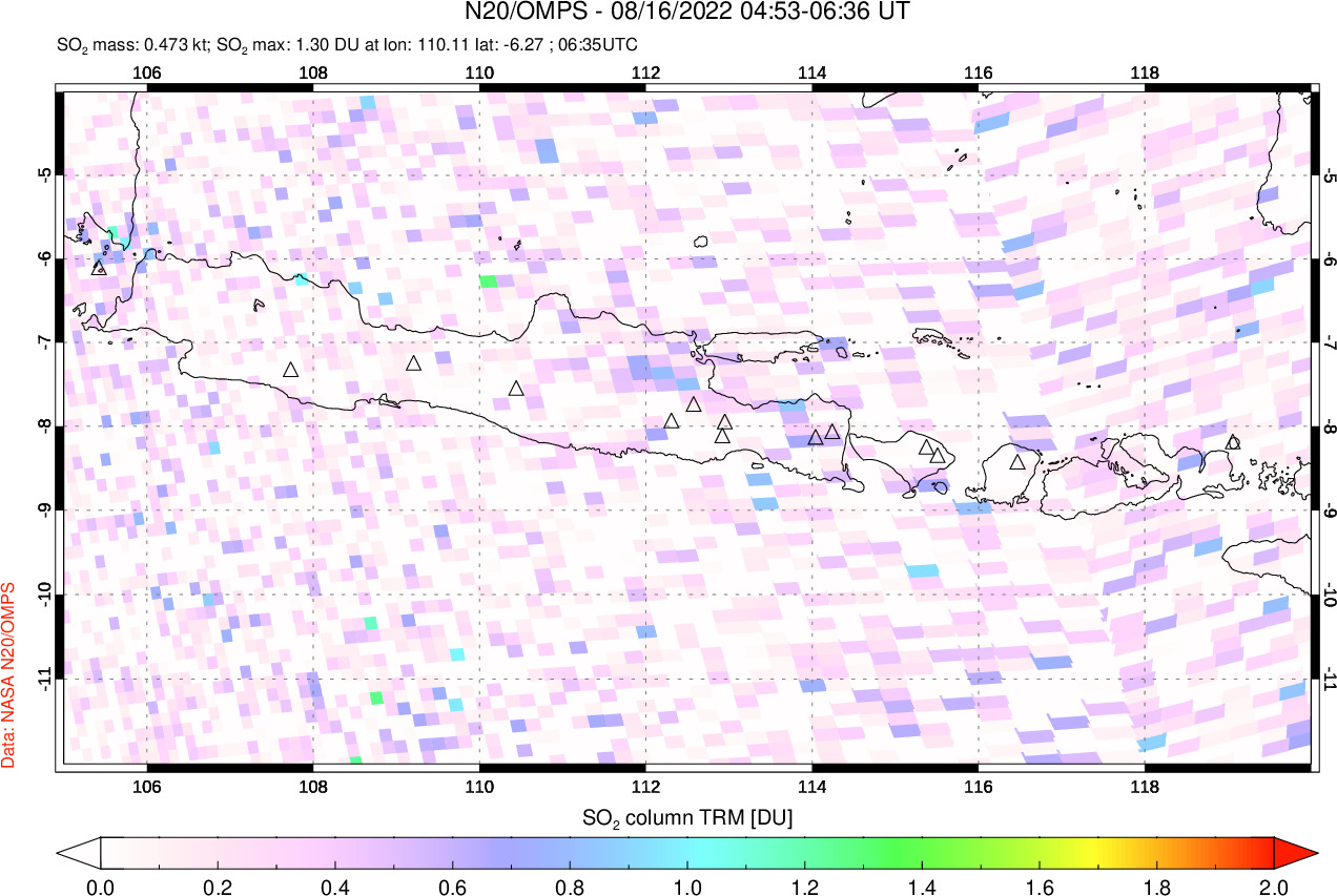 A sulfur dioxide image over Java, Indonesia on Aug 16, 2022.
