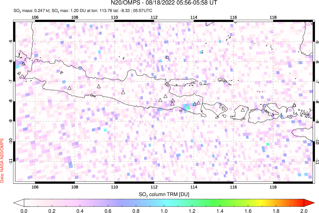 A sulfur dioxide image over Java, Indonesia on Aug 18, 2022.