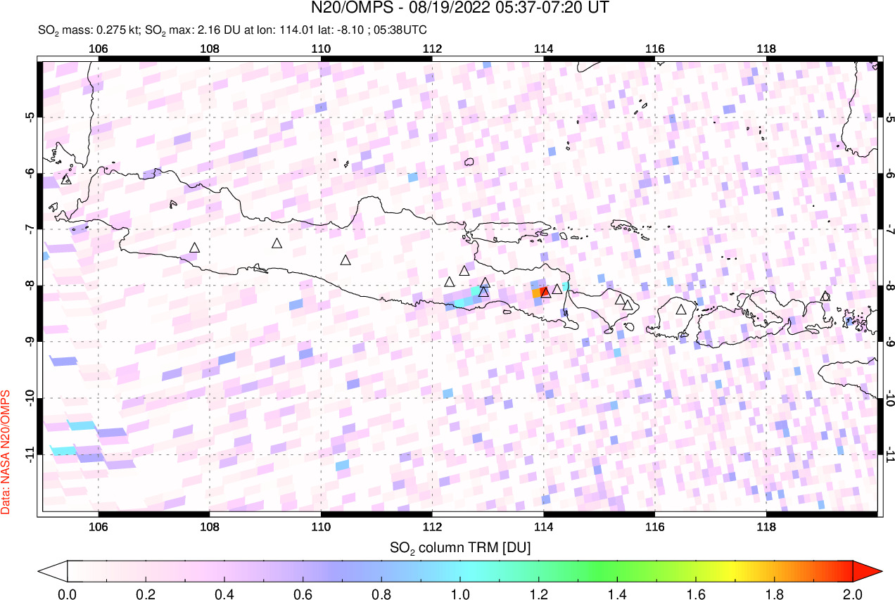 A sulfur dioxide image over Java, Indonesia on Aug 19, 2022.