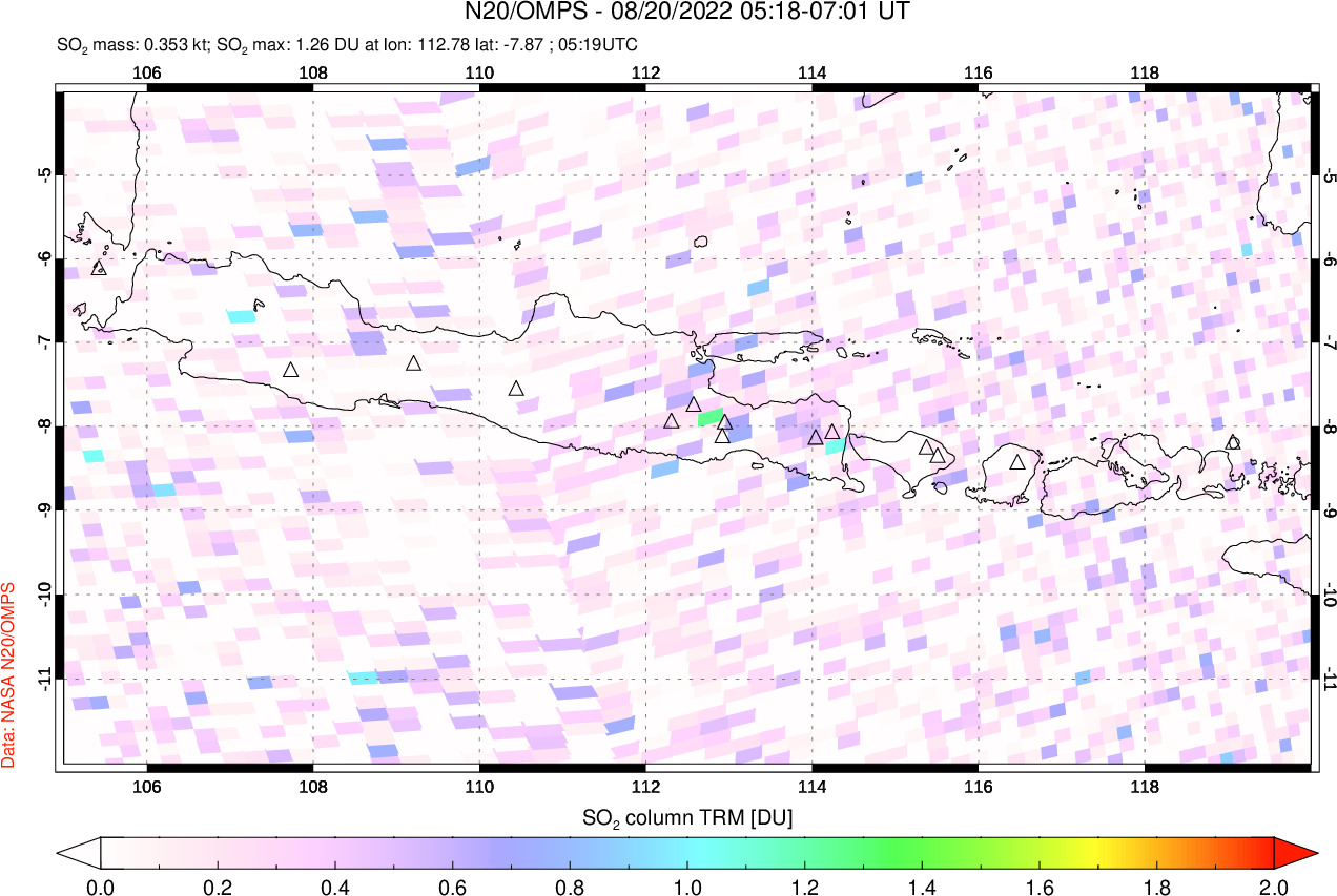A sulfur dioxide image over Java, Indonesia on Aug 20, 2022.