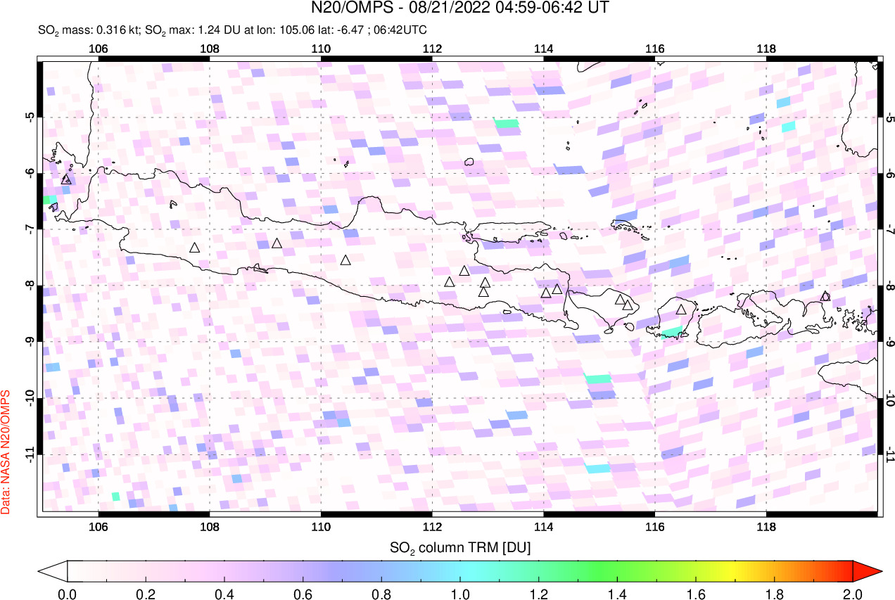 A sulfur dioxide image over Java, Indonesia on Aug 21, 2022.