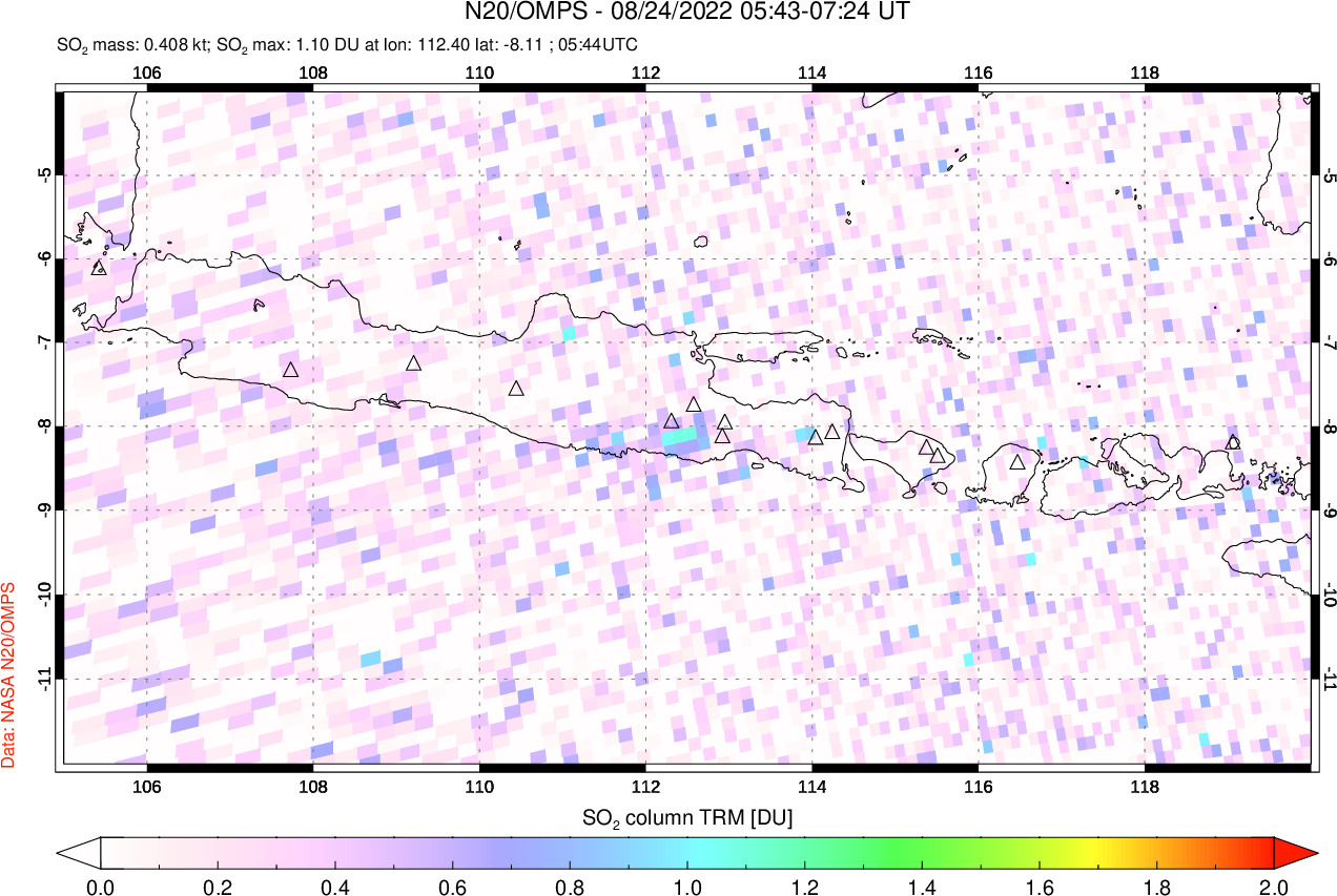 A sulfur dioxide image over Java, Indonesia on Aug 24, 2022.