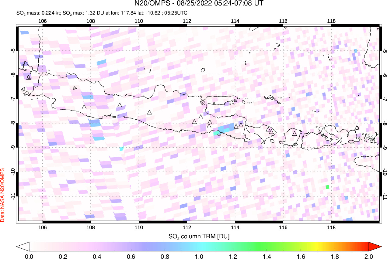 A sulfur dioxide image over Java, Indonesia on Aug 25, 2022.