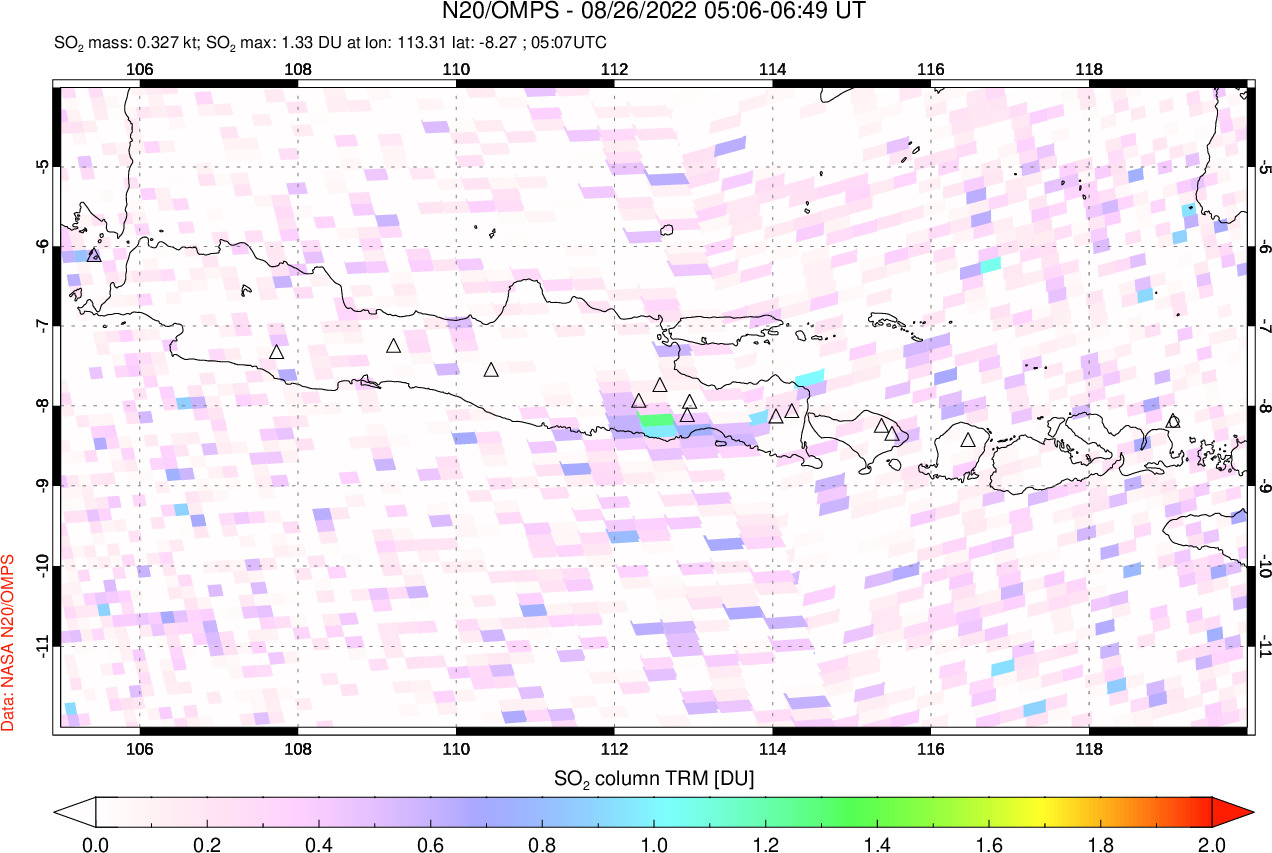 A sulfur dioxide image over Java, Indonesia on Aug 26, 2022.