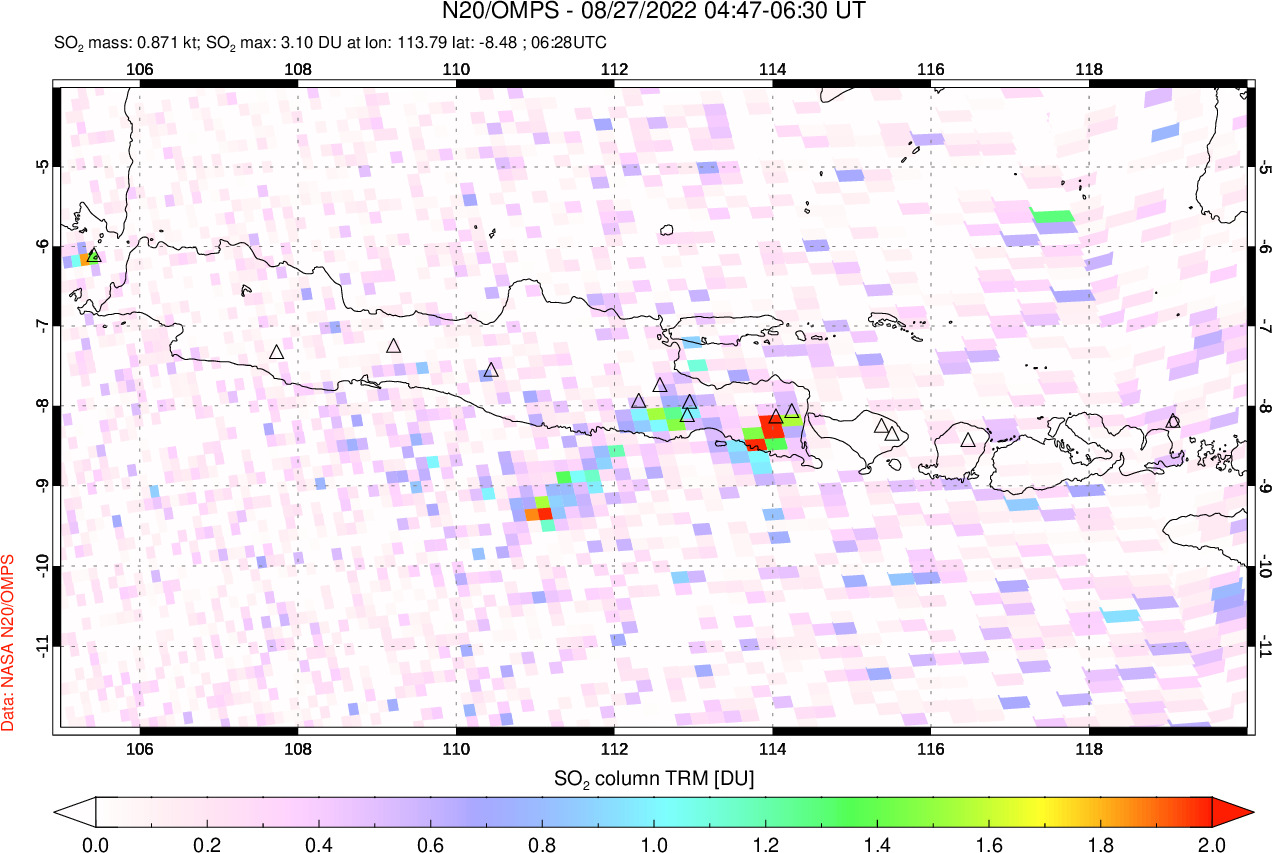 A sulfur dioxide image over Java, Indonesia on Aug 27, 2022.