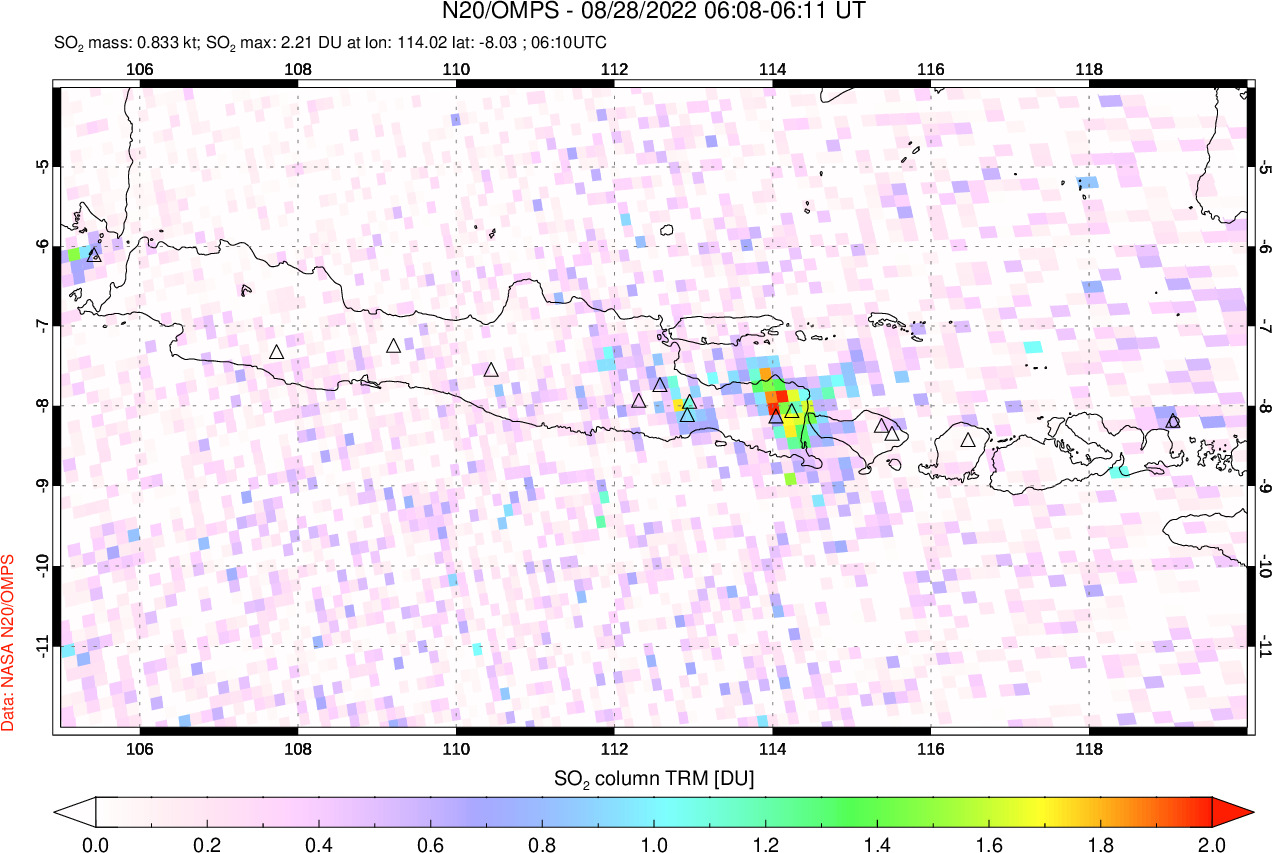 A sulfur dioxide image over Java, Indonesia on Aug 28, 2022.