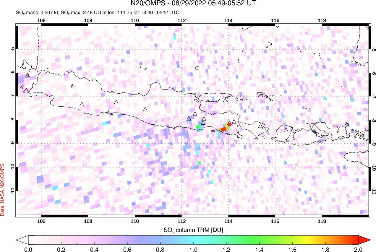 A sulfur dioxide image over Java, Indonesia on Aug 29, 2022.