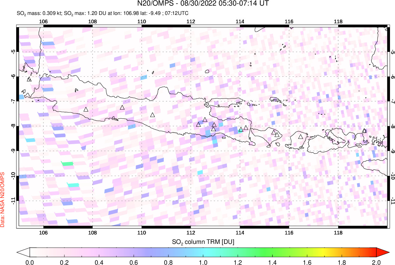 A sulfur dioxide image over Java, Indonesia on Aug 30, 2022.