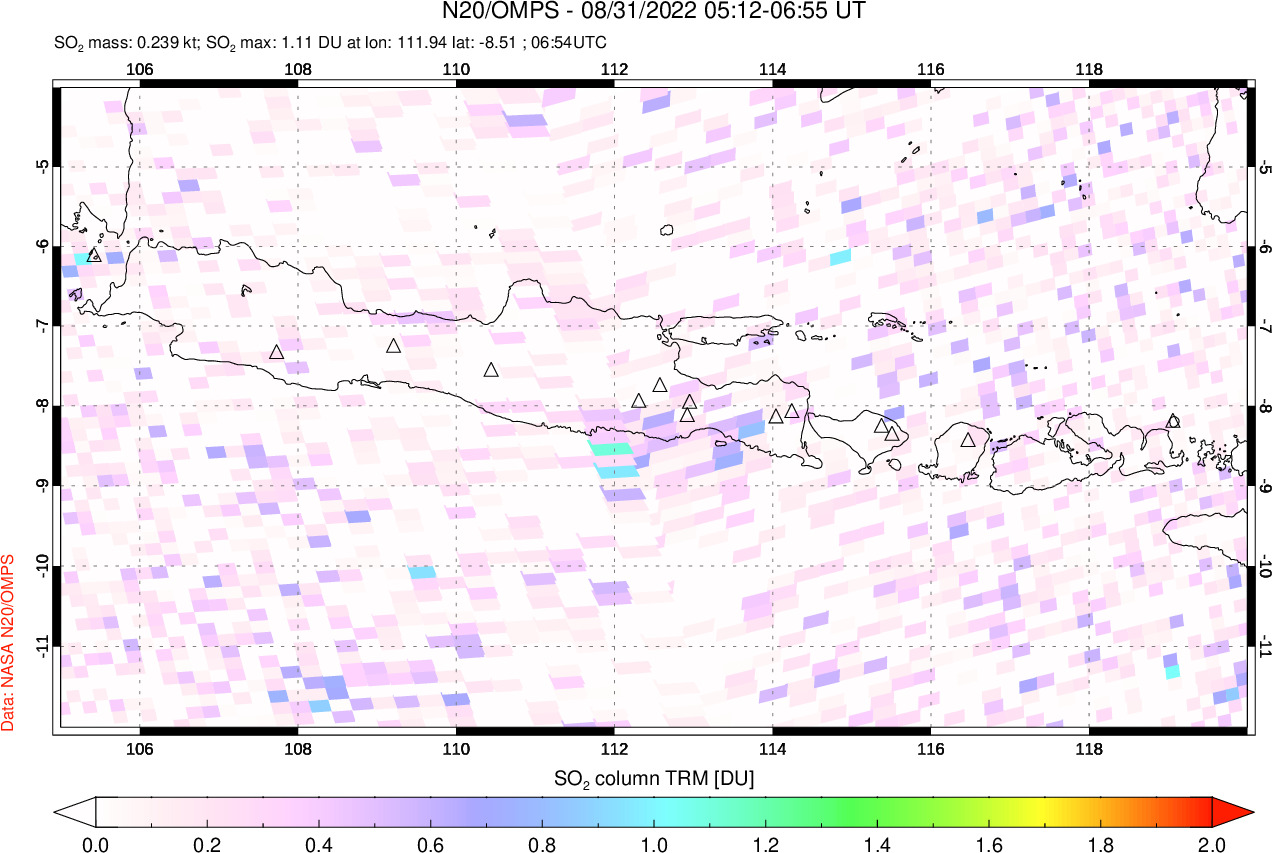 A sulfur dioxide image over Java, Indonesia on Aug 31, 2022.