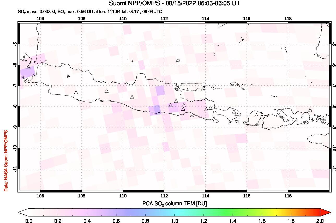 A sulfur dioxide image over Java, Indonesia on Aug 15, 2022.