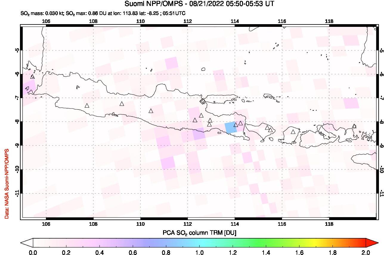 A sulfur dioxide image over Java, Indonesia on Aug 21, 2022.