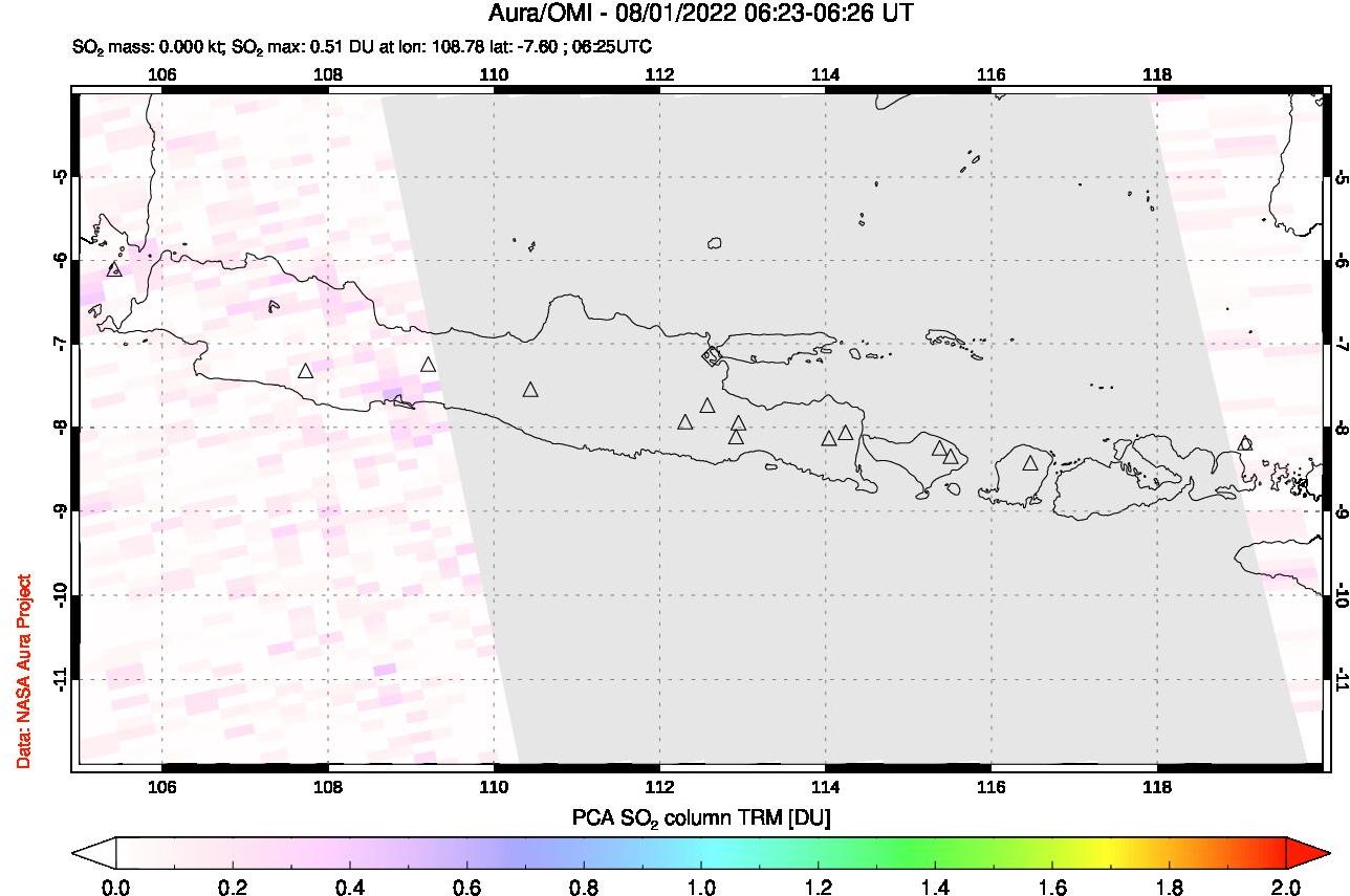 A sulfur dioxide image over Java, Indonesia on Aug 01, 2022.