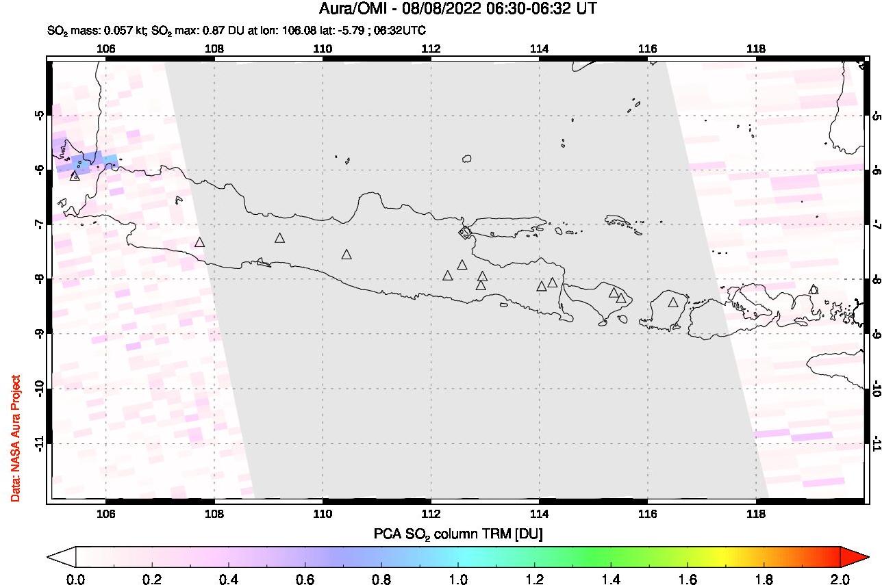 A sulfur dioxide image over Java, Indonesia on Aug 08, 2022.