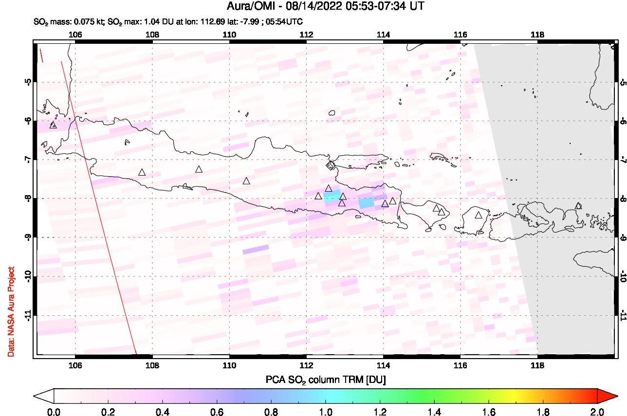 A sulfur dioxide image over Java, Indonesia on Aug 14, 2022.