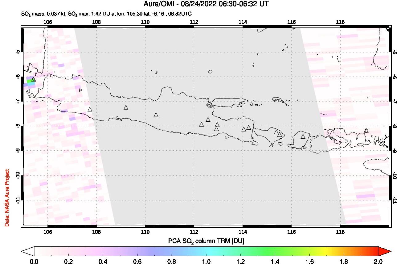 A sulfur dioxide image over Java, Indonesia on Aug 24, 2022.