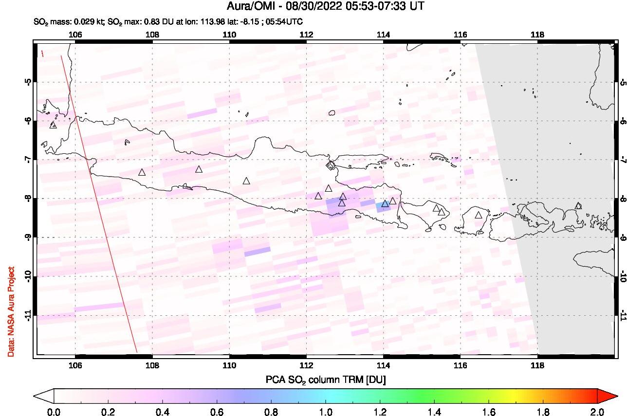A sulfur dioxide image over Java, Indonesia on Aug 30, 2022.