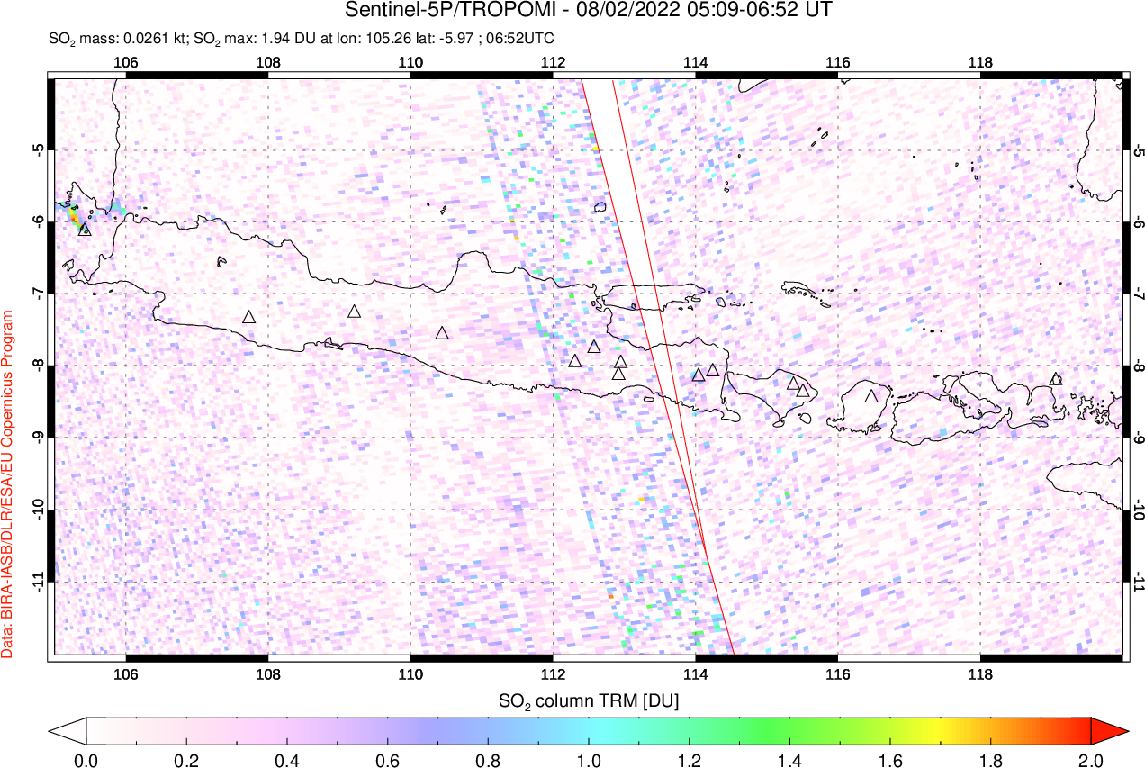 A sulfur dioxide image over Java, Indonesia on Aug 02, 2022.