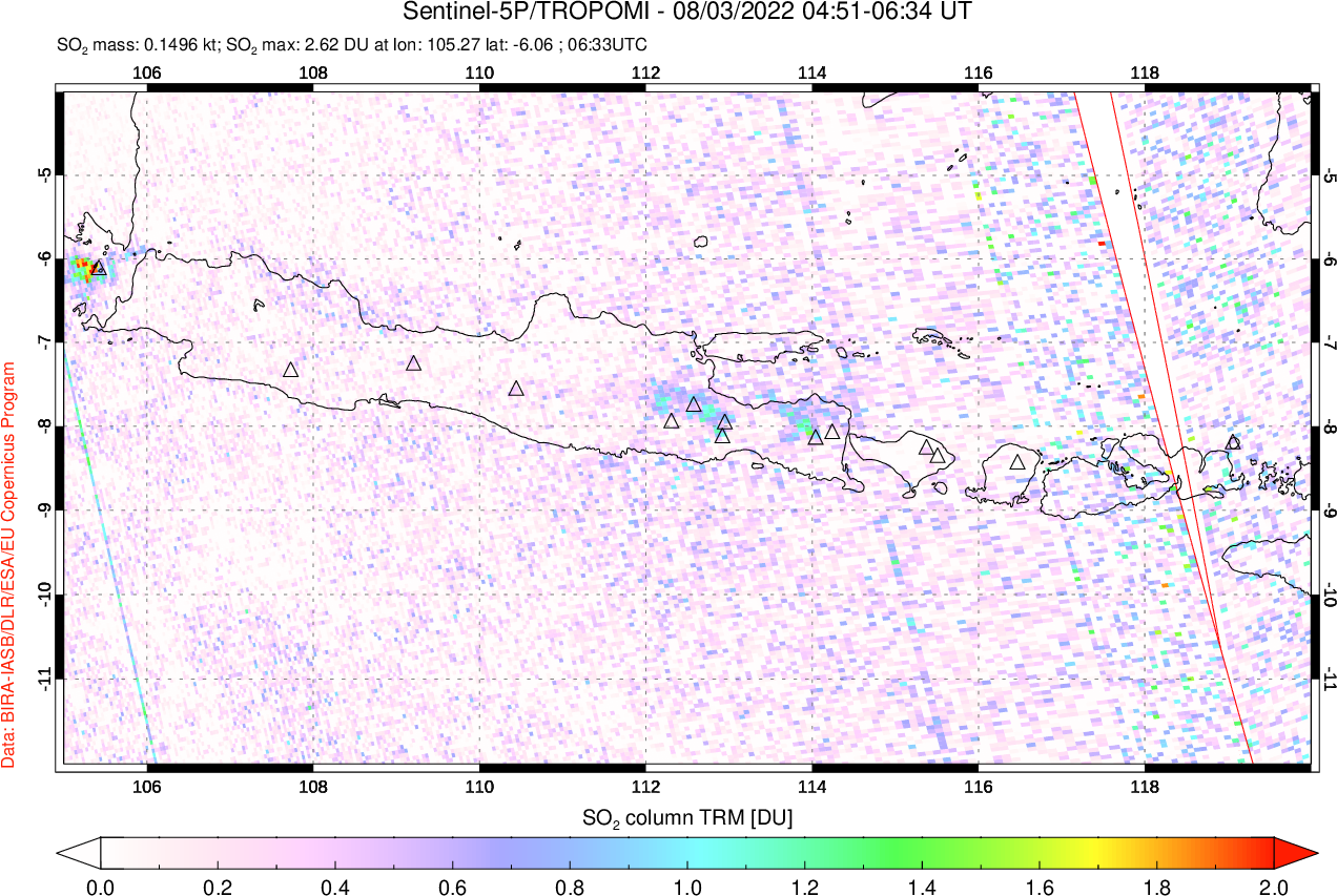 A sulfur dioxide image over Java, Indonesia on Aug 03, 2022.