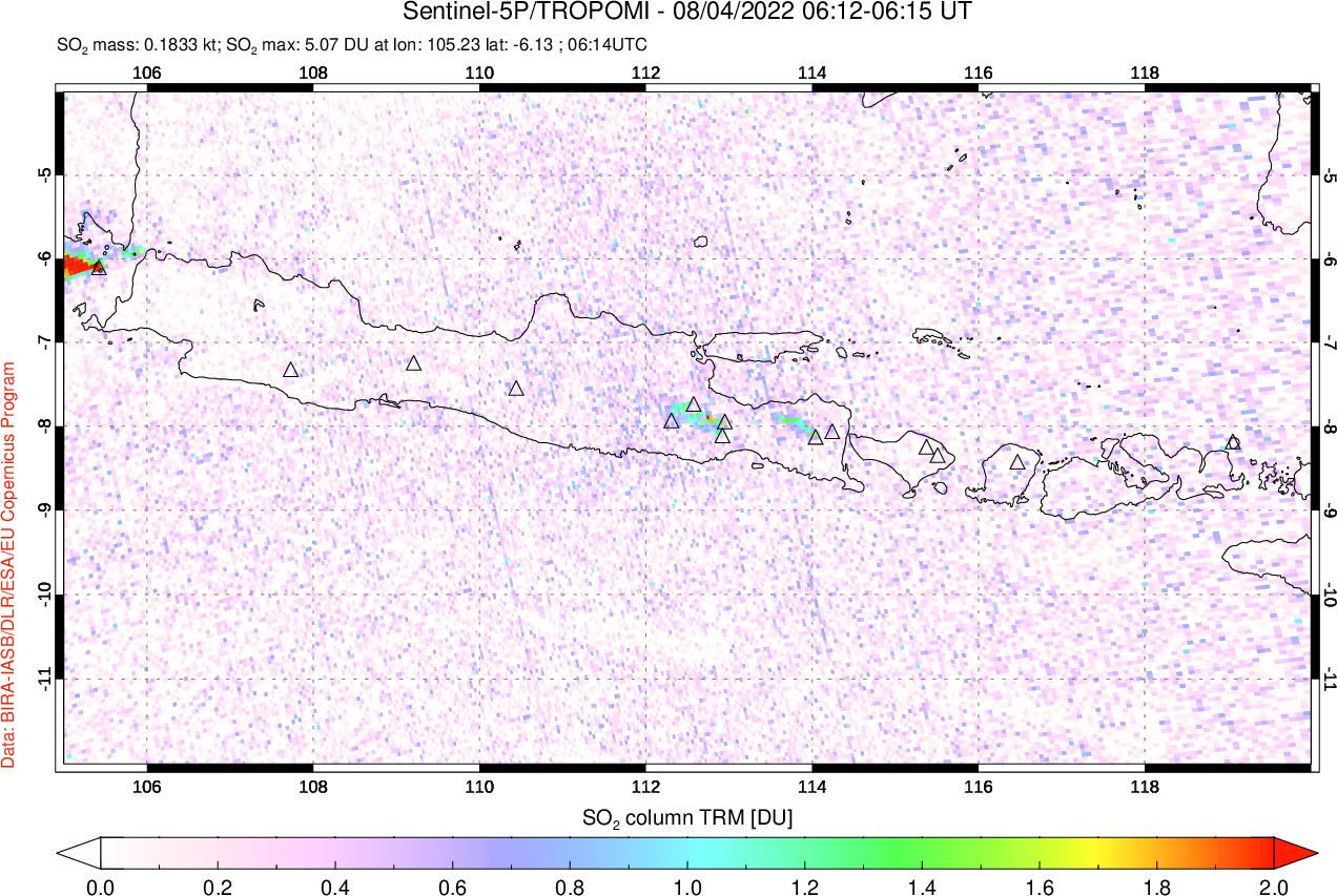 A sulfur dioxide image over Java, Indonesia on Aug 04, 2022.