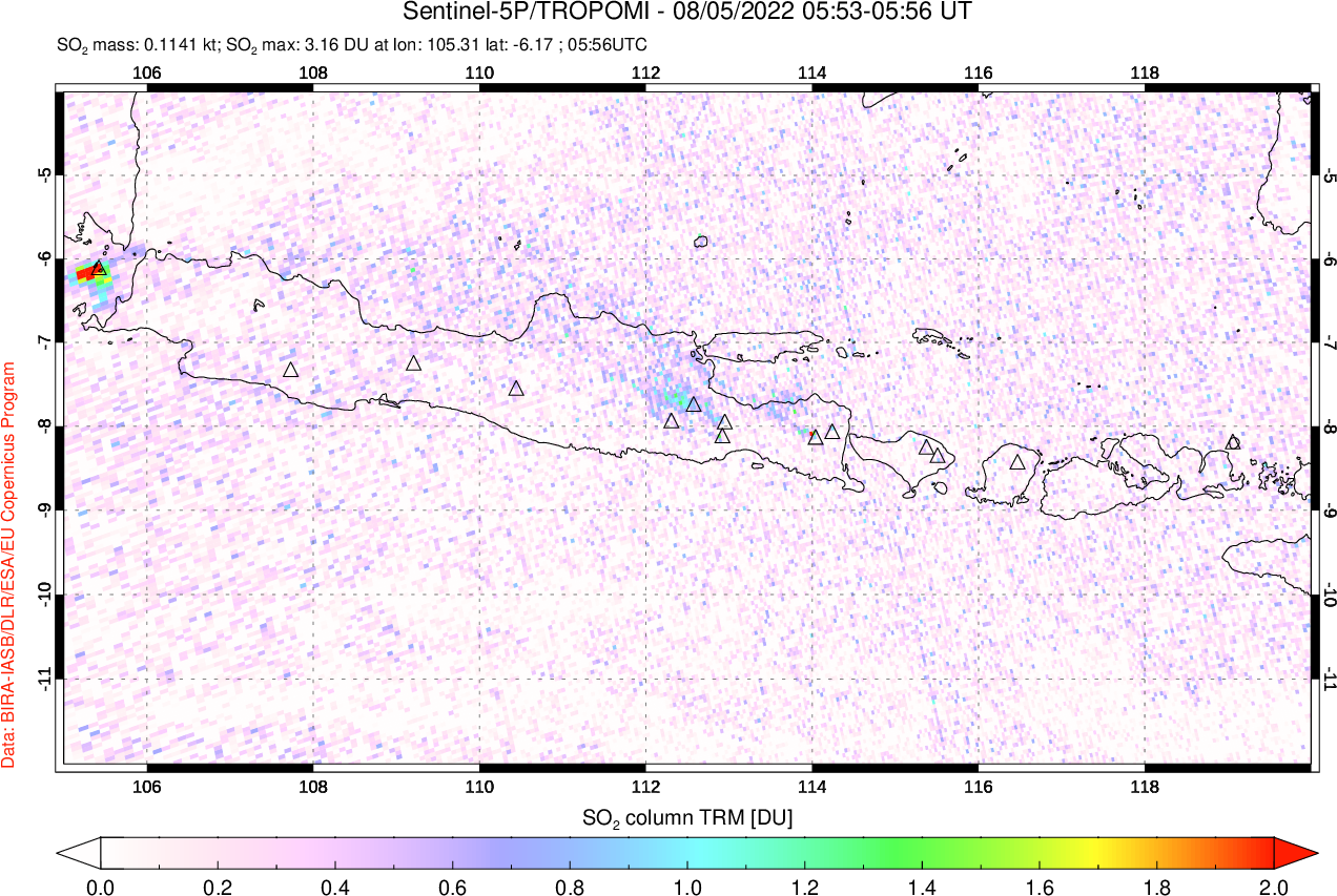 A sulfur dioxide image over Java, Indonesia on Aug 05, 2022.