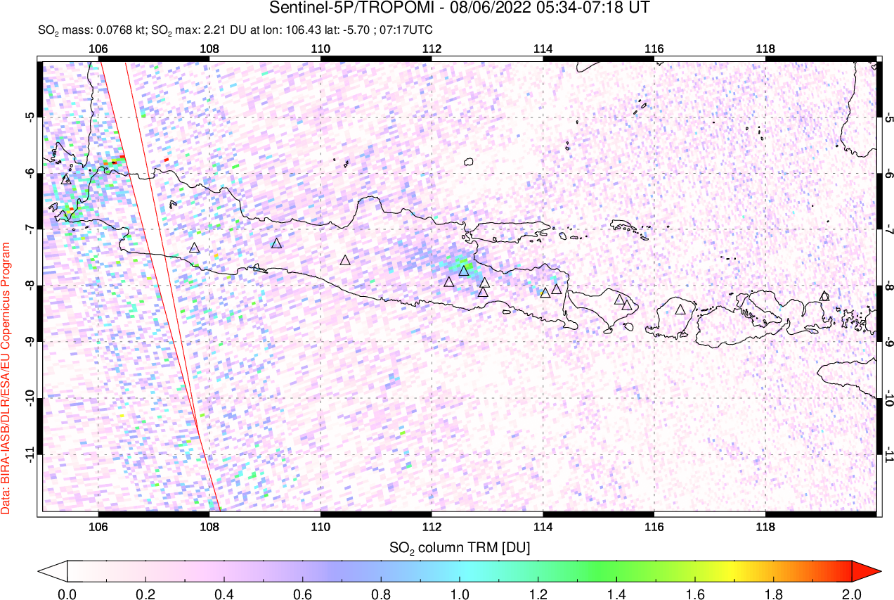 A sulfur dioxide image over Java, Indonesia on Aug 06, 2022.