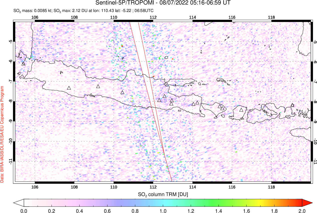 A sulfur dioxide image over Java, Indonesia on Aug 07, 2022.