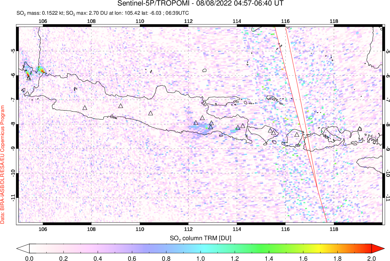 A sulfur dioxide image over Java, Indonesia on Aug 08, 2022.