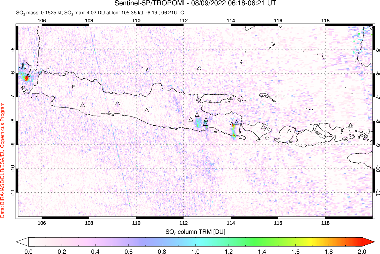 A sulfur dioxide image over Java, Indonesia on Aug 09, 2022.
