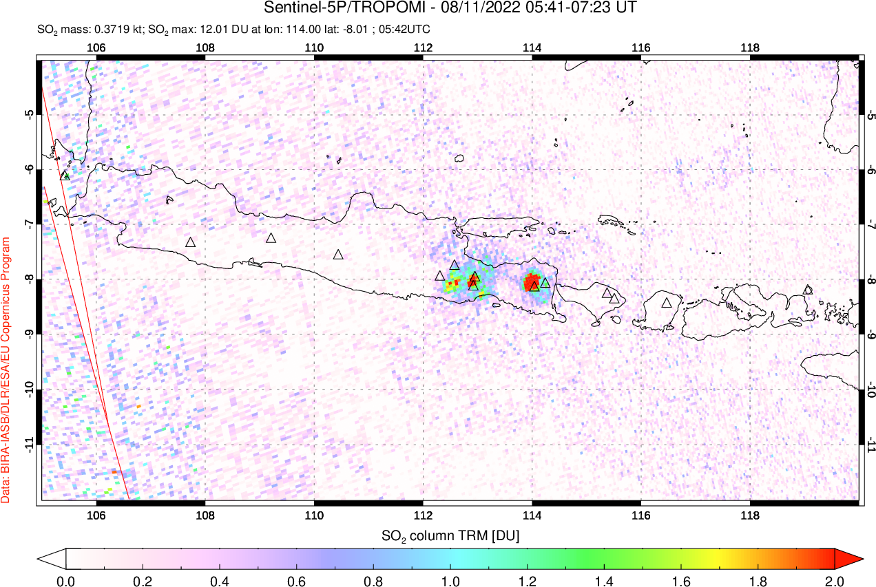A sulfur dioxide image over Java, Indonesia on Aug 11, 2022.