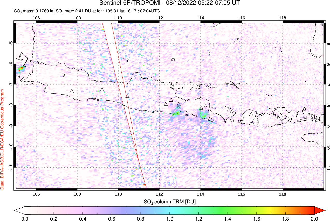 A sulfur dioxide image over Java, Indonesia on Aug 12, 2022.