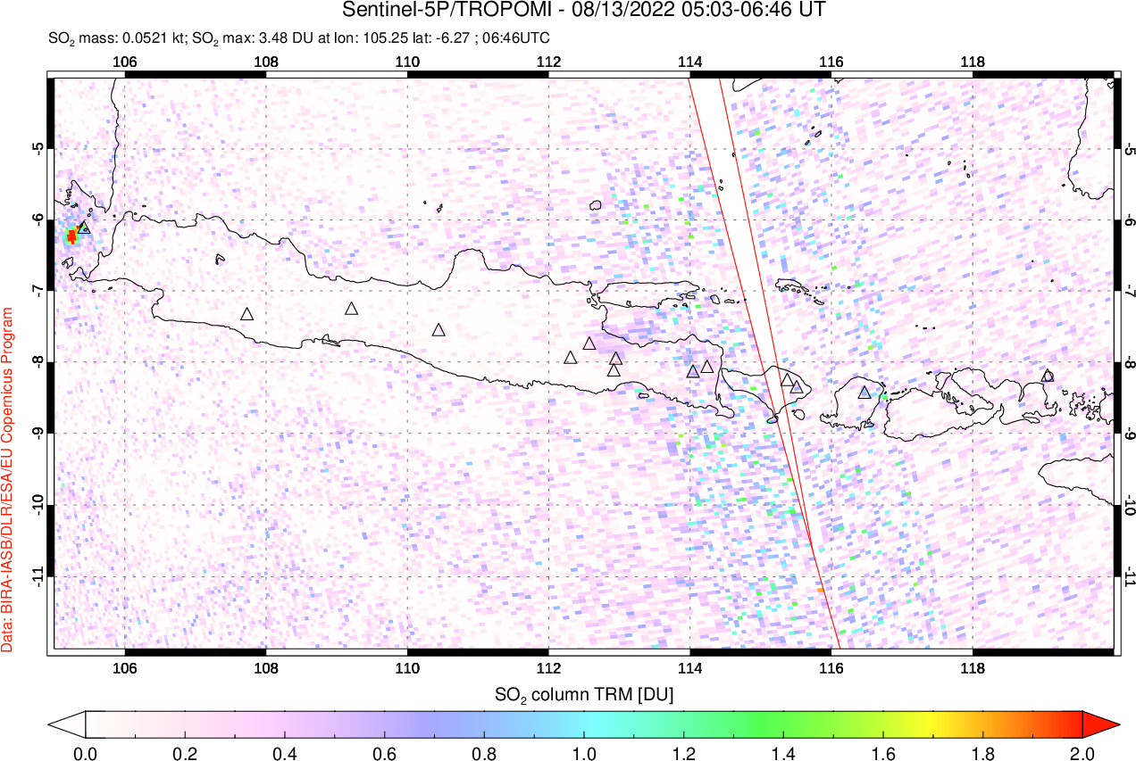 A sulfur dioxide image over Java, Indonesia on Aug 13, 2022.