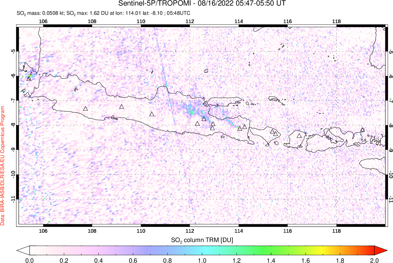 A sulfur dioxide image over Java, Indonesia on Aug 16, 2022.