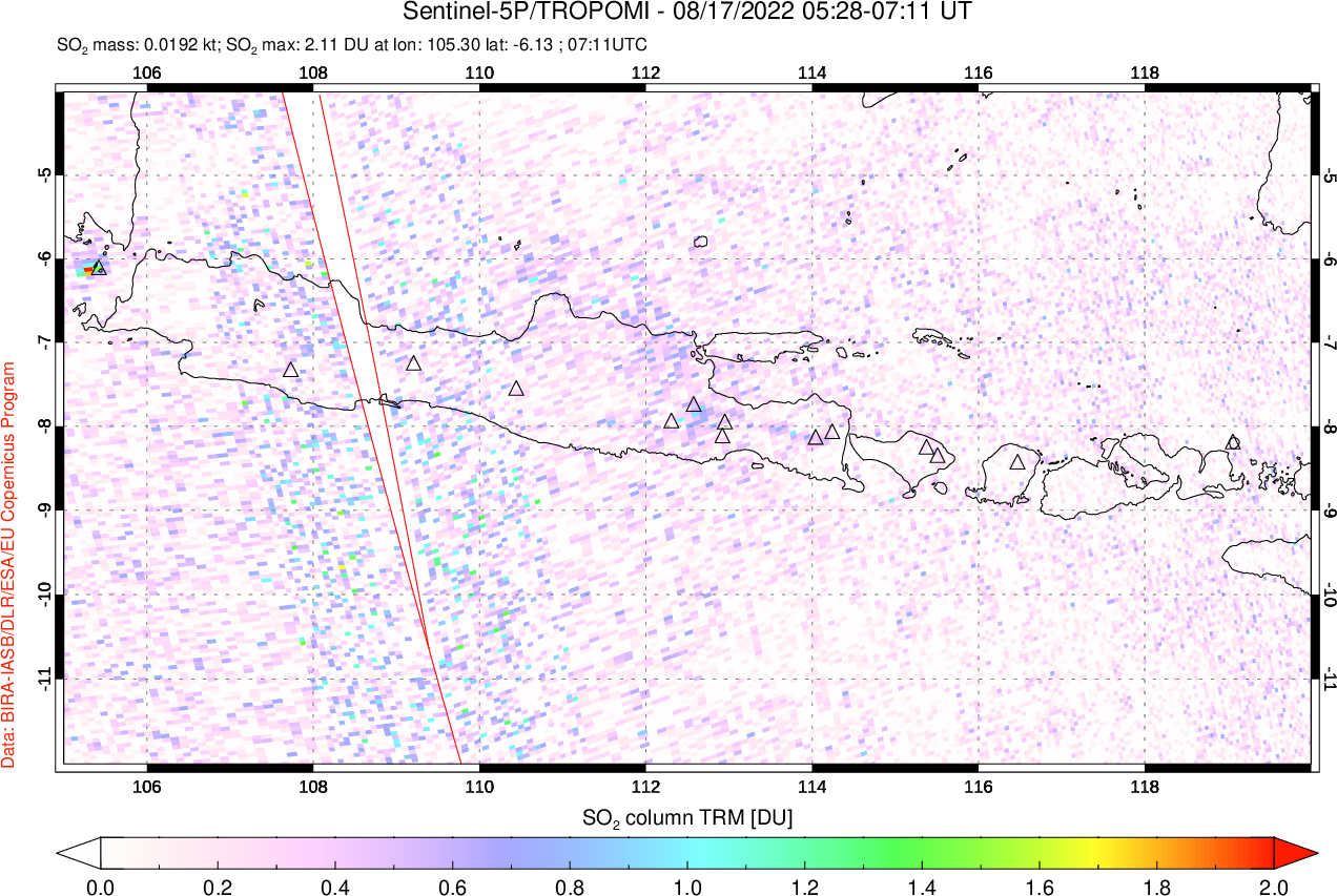 A sulfur dioxide image over Java, Indonesia on Aug 17, 2022.