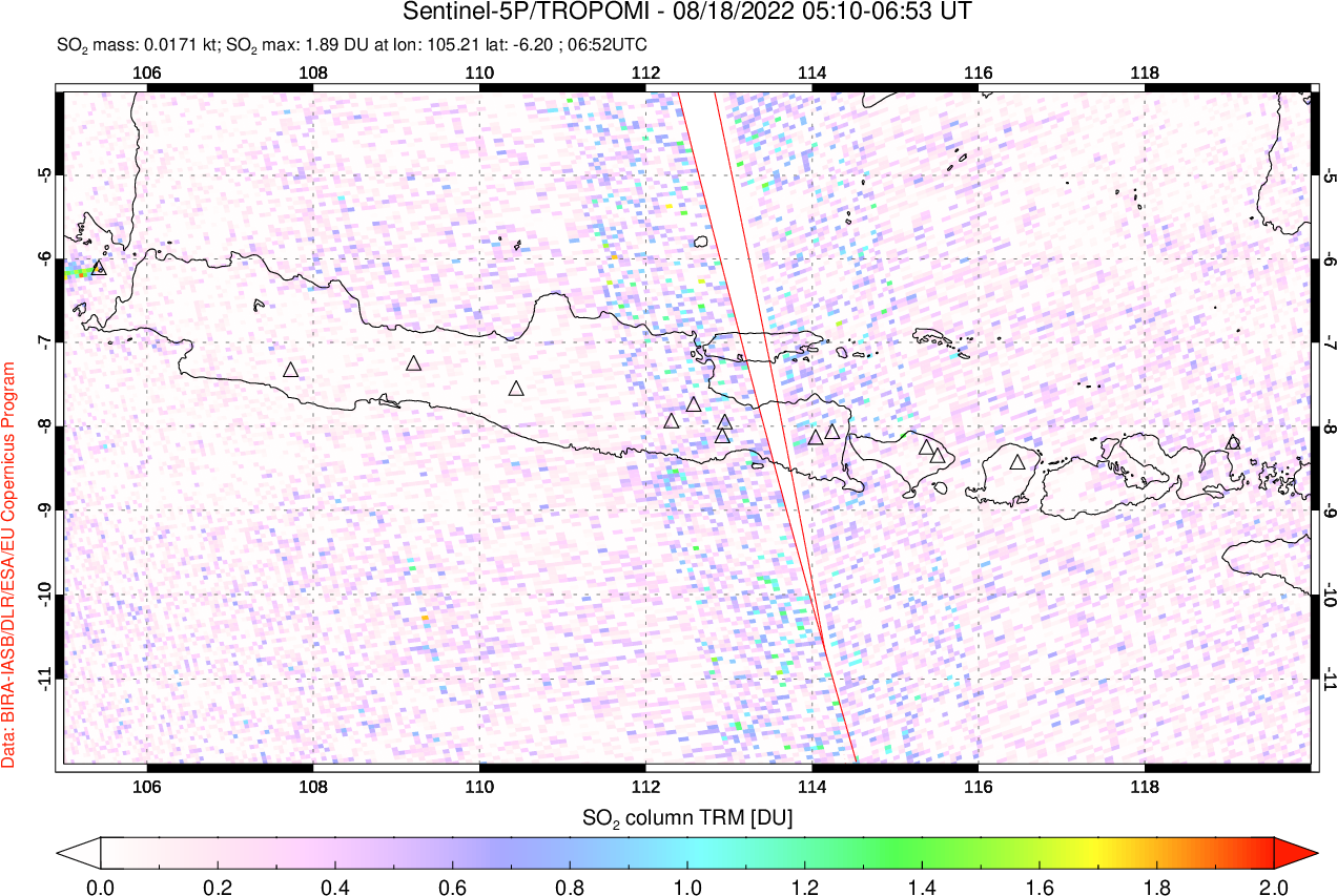 A sulfur dioxide image over Java, Indonesia on Aug 18, 2022.