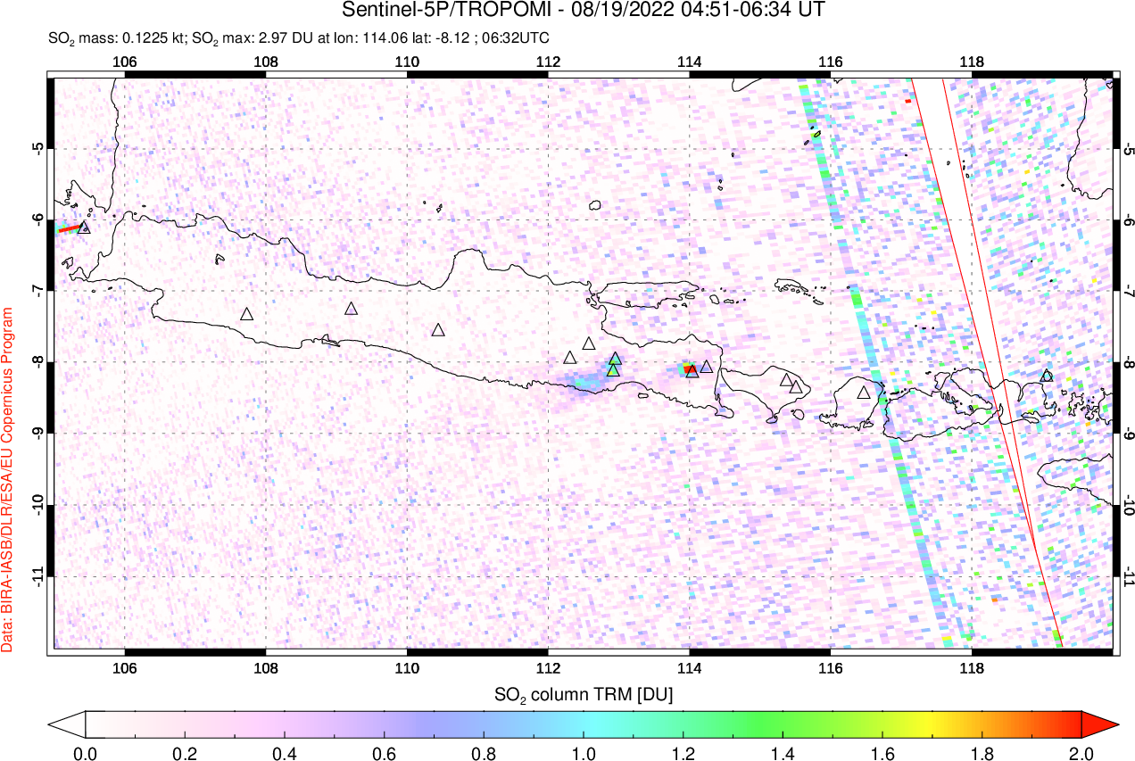 A sulfur dioxide image over Java, Indonesia on Aug 19, 2022.