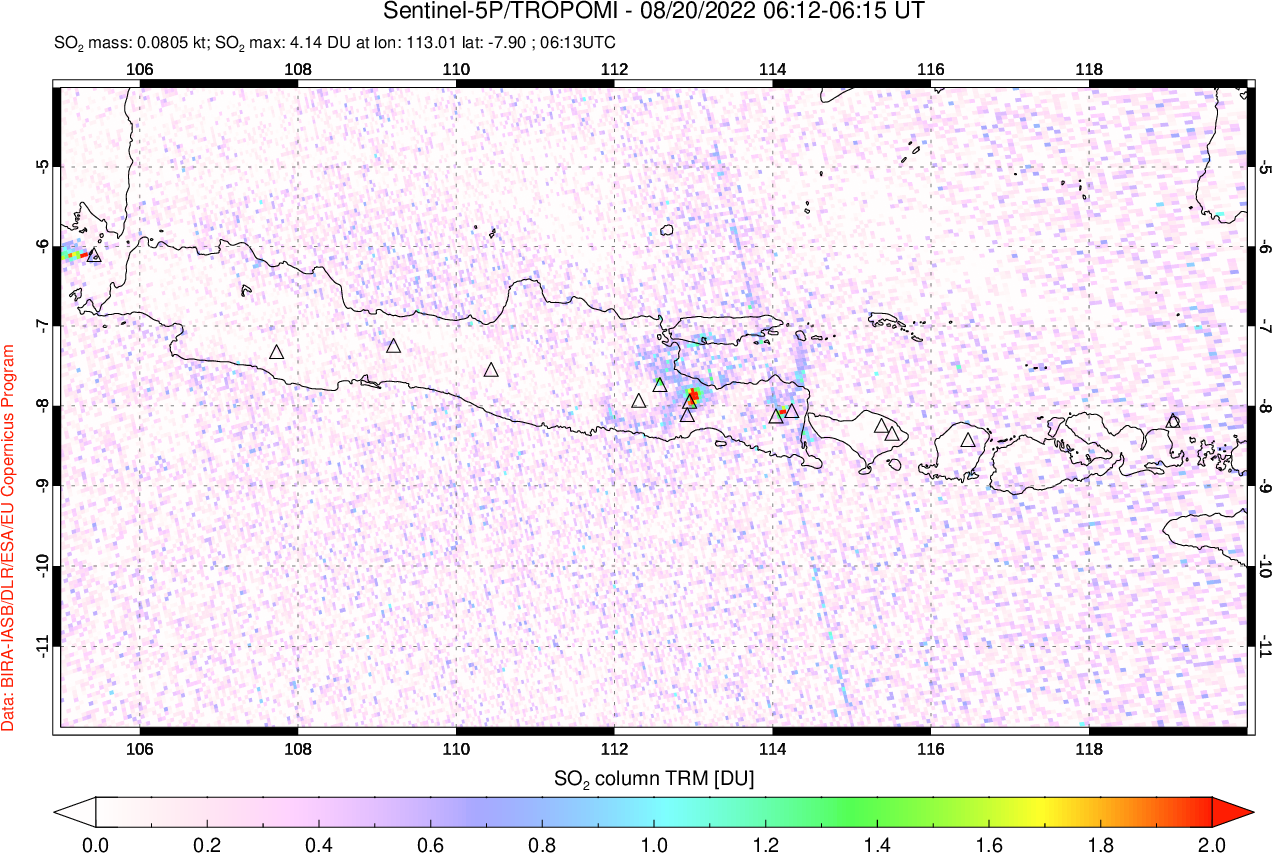 A sulfur dioxide image over Java, Indonesia on Aug 20, 2022.