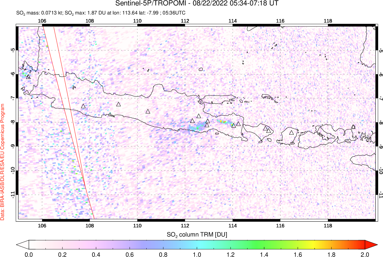 A sulfur dioxide image over Java, Indonesia on Aug 22, 2022.