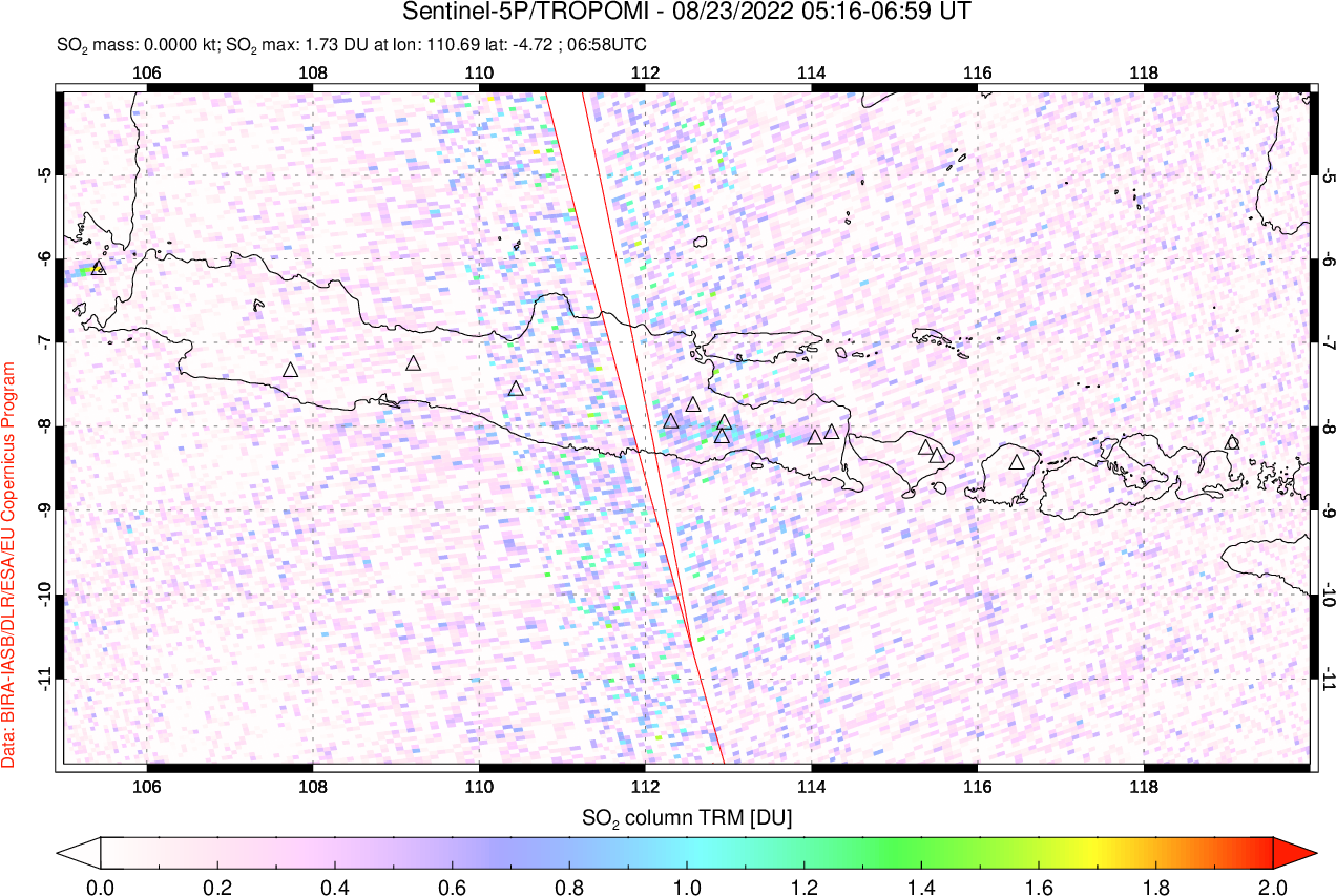 A sulfur dioxide image over Java, Indonesia on Aug 23, 2022.