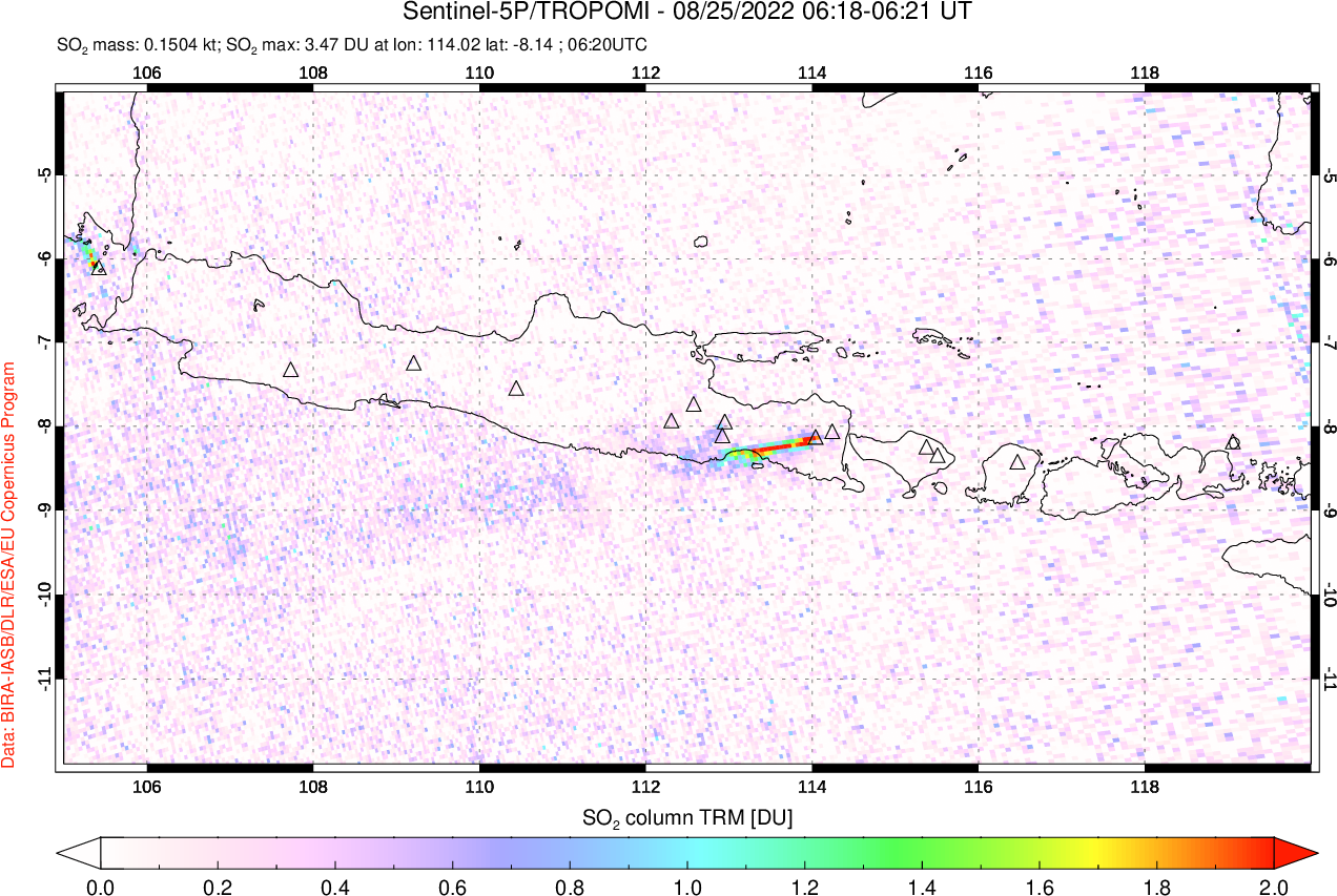 A sulfur dioxide image over Java, Indonesia on Aug 25, 2022.