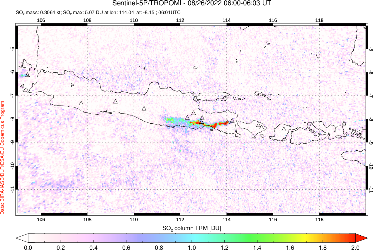 A sulfur dioxide image over Java, Indonesia on Aug 26, 2022.