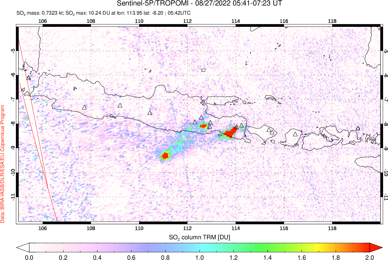 A sulfur dioxide image over Java, Indonesia on Aug 27, 2022.